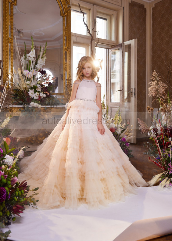 Halter Neck Beaded Champagne Tulle Ruffled Flower Girl Dress